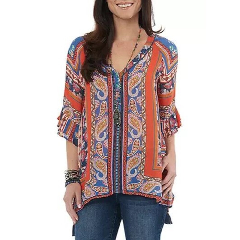 Democracy Womens V Neck Tunic Top XS Paisley Flutter Sleeve Embroidered Boho